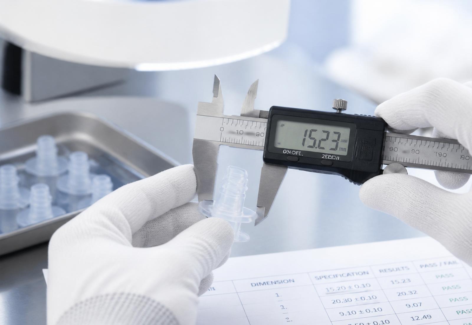 Quality engineer inspecting a medical silicone component with digital calipers
